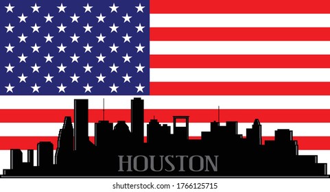 Modern illustration of the city of Houston Texas downtown buildings skyline silhouette with American flag red, white and blue stars and stripes background Illustrator 10 eps vector graphic design