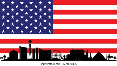Modern illustration of the city of Las Vegas Nevada strip buildings skyline silhouette with red, white and blue American flag stars and stripes background Illustrator 10 eps vector graphic design