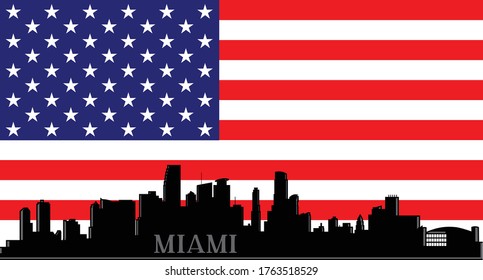 Modern illustration of the City of Miami Florida skyline silhouette with red white and blue stars and stripes American flag background Illustrator 10 eps vector graphic design