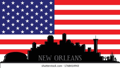 Modern illustration of the city of New Orleans Louisiana downtown skyline silhouette with red, white and blue American flag stars and stripes background Illustrator 10 eps vector graphic design