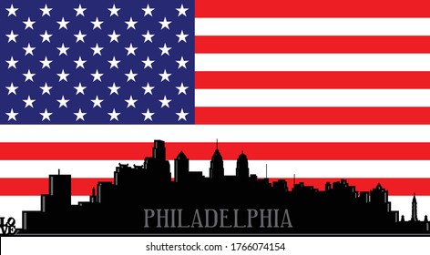Modern illustration of the city of Philadelphia Pennsylvania downtown skyline silhouette with American flag red, white and blue stars and stripes background Illustrator 10 eps vector graphic design