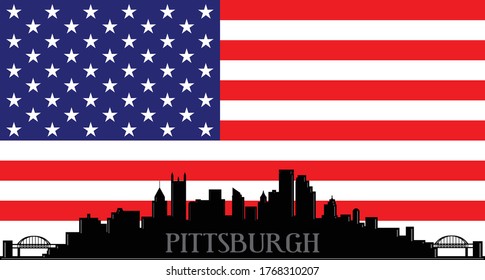 Modern illustration of the city of Pittsburgh Pennsylvania downtown skyline silhouette with red, white and blue stars and stripes American flag background Illustrator 10 eps vector graphic design