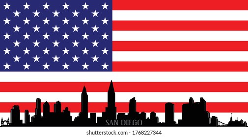 Modern illustration of the city of San Diego California downtown skyline silhouette with red, white and blue stars and stripes American flag background Illustrator 10 eps vector graphic