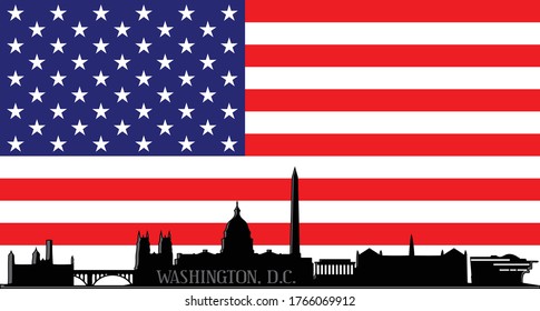 Modern illustration of the city of Washington D.C. monuments and capital building silhouette with American flag red, white and blue stars and stripes background Illustrator 10 eps vector graphic