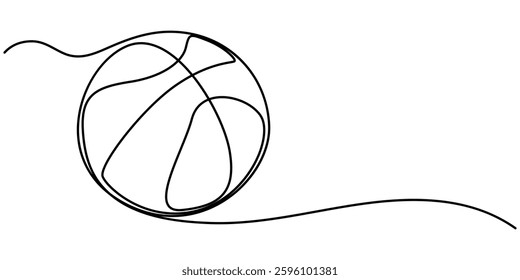 Modern illustration of a continuous one-line drawing of a basketball icon, A basketball is drawn in one line. Continuous drawing of ball lines, Continuous Line Drawing of Basketball Icon. Hand Drawn. 