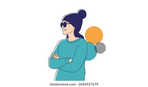 Modern Illustration of a Cool Woman Enjoying a Winter Day with Abstract Shapes and a Bright Orange Circle