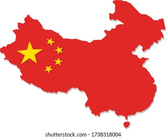 Modern illustration of the country of China silhouette in red with yellow stars from the national flag top view vector illustrator 10 format