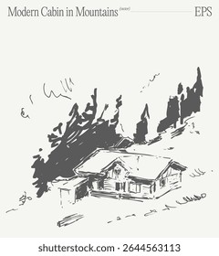 Uma ilustração moderna de uma cabana acolhedora em serenas montanhas para retiros tranquilos