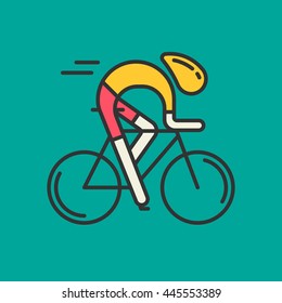 Modern Illustration of cyclist. Flat bicyclist in yellow jersey isolated on green background. Healthy lifestyle, or bicycle race logo concept. Bicycle racer made in trendy thin line style vector.