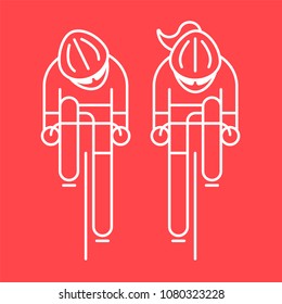 Modern Illustration of cyclist from front view. White outline bicyclist isolated on pink background. For use as design element, logo or sticker. Bicycle racer made in trendy thin line style vector