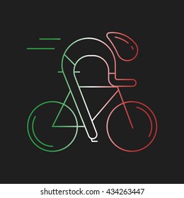 Modern Illustration of cyclist. Outline bicyclist in Italy flag tricolor isolated on dark background. For use as design element, logo, sticker. Bicycle racer made in trendy thin line style vector.
