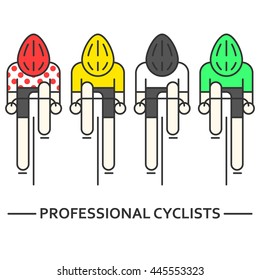 Modern Illustration of cyclists. Flat bicyclists in yellow, green, white and red polka dot jersey isolated on white. Cycling logo, icon concept. Bicycle racers made in trendy thin line style vector