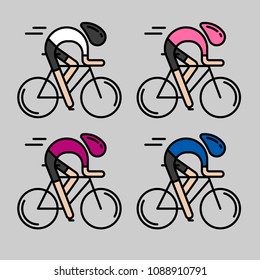 Modern Illustration of cyclists. Front view of bicyclists in pink, cyclamen, white and blue jerseys isolated on gray. Cycling logo, icon concept for professional bycicle race. Thin line style vector