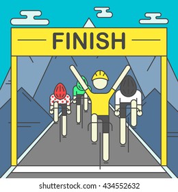 Modern Illustration of cyclists on finish line. Colorful bright bicyclists on rocky mountains background. For use as design element or poster. Bicycle racers made in trendy flat style vector.