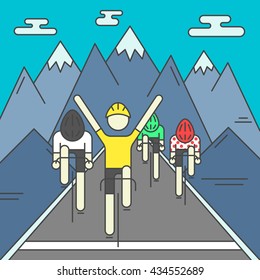 Modern Illustration of cyclists on finish line. Colorful bright bicyclists on rocky mountains background. For use as design element or poster. Bicycle racers made in trendy flat style vector.