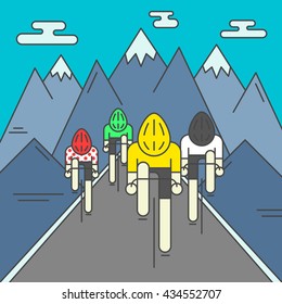 Modern Illustration of cyclists on the road. Colorful bright bicyclists on rocky mountains background. For use as design element or poster. Bicycle racers made in trendy flat style vector.