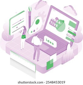 A modern illustration depicting web design concepts, including responsive layouts, creative interfaces, and user experience design, perfect for promoting design services, branding, digital solution