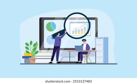Uma ilustração moderna representando uma cena de espaço de trabalho com figuras analisando dados. Uma figura contém uma lupa grande examinando as informações na tela do computador