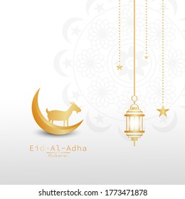 Modern illustration design of the Eid Al-Adha template with the icon of the sacrificial goat, the moon, lantern lamps hung plus a gold bandage that makes it look dynamic