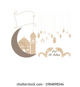 Modern illustration design of Eid al-Adha template with minimalist and moon goat icons and minimalist lights