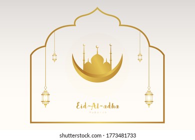 Modern illustration design template for Eid Al-Adha's greeting template with mosque and crescent icons in luxurious gold