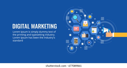 Modern illustration of Digital Marketing concept. Hand holding megaphone with different marketing icons