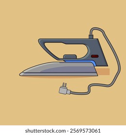 a modern illustration of an electric iron with a grey and blue design, extended power cord, and plug. Displayed on a beige background, perfect for household and appliance concepts.