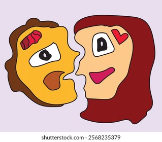 Modern Illustration of Expressive Two Cartoon Faces in Pop Art Style Emotional Expression Faces - Modern Hand-Drawn Art with Bold Colors and Playful Design brain and heart