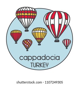Modern illustration of a famous turkish travel destination Cappadocia and its symbol bright air balloons. Hand drawn doodle objects in a circle frame. Black outline and colorful blocks.