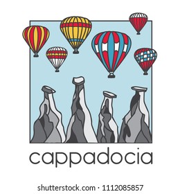 Modern illustration of a famous turkish travel destination Cappadocia. Bright striped air balloons and chimney rocks. Hand drawn colored doodle objects in square frame with blue background.