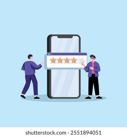 A modern illustration featuring two figures interacting with a large smartphone or mobile device. The figures are placing or holding a rating element with five stars above the device screen. 