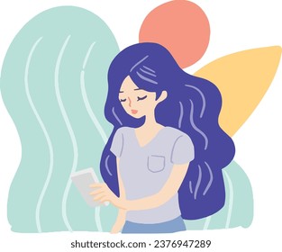 Modern illustration of a female holding a smart phone with one hand. Digital graphic element of a blue hair girl in a short sleeves shirt with organic background.