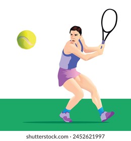 modern illustration of a female tennis player about to hit a tennis ball that is flying towards her