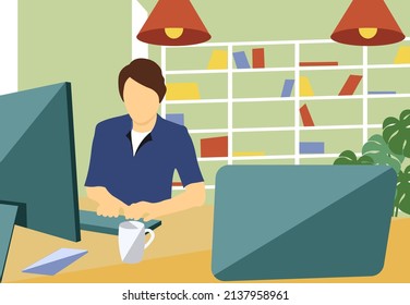 A modern illustration of a freelancer working from home. Popular design for posters, banners, posters for offices, home design. A man works at a computer at home in a cozy environment.