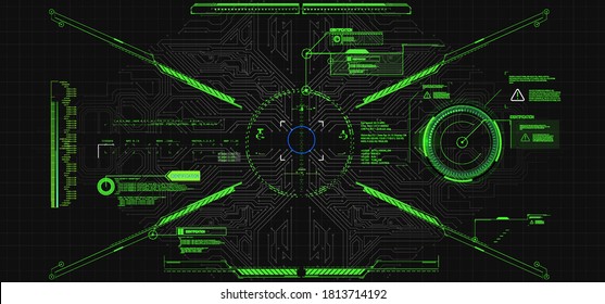 Modern illustration for game background design Futuristic HUD, GUI interface screen design. Virtual reality. Futuristic VR Head-up Display Design. Sci-Fi Helmet HUD. Future Technology. Hi tech design