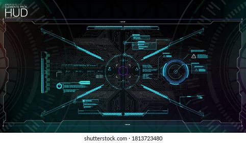 Ilustración moderna para el diseño de fondo de juego Futuritic HUD, diseño de pantalla de interfaz gráfica. Realidad virtual. Diseño de pantalla de cabezal VR futurista. Helmet HUD de Sci-Fi. Tecnología Futura. Diseño de alta tecnología