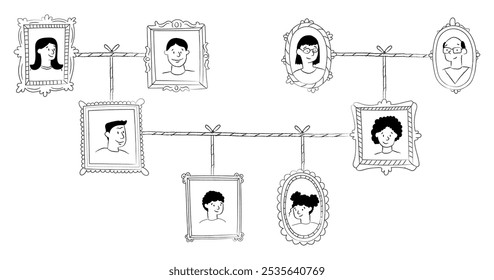 Una ilustración moderna de árbol genealógico. Retratos familiares. Bosquejo de generaciones. Padres, abuelos, hijos. Gente Doodle. Genealogía. Aislado en blanco