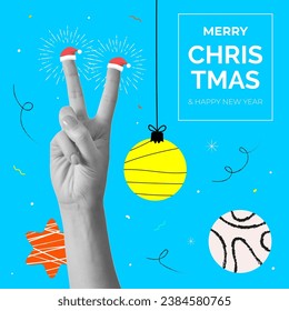 Modern illustration with halftone hand showing V gesture with Santa Claus hats on fingers. Colorful retro collage style illustrations. Design for poster, banner, greeting and celebration. Vector