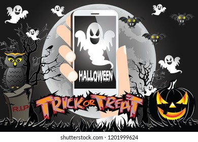 Modern illustration hallowen party with using smartpone, pumpkins, ghost, bats, moon on background. Halloween concept