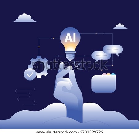 A modern illustration of a hand snapping to activate an AI light bulb, symbolizing artificial intelligence, innovation, automation, and digital technology with connected icons.