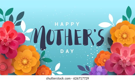 A modern illustration of a happy mother's day, with paper flowers and letteron. The illustration can be used in the newsletter, brochures, postcards, tickets, advertisements, banners.