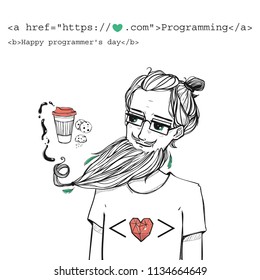 Modern illustration with hipster programmer with a beard. Greeting card template for Programmers' Day.