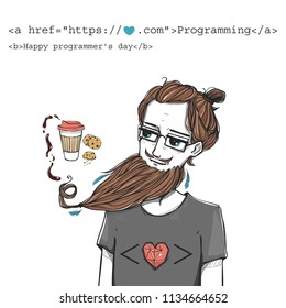 Modern illustration with hipster programmer with a beard. Greeting card template for Programmers' Day.