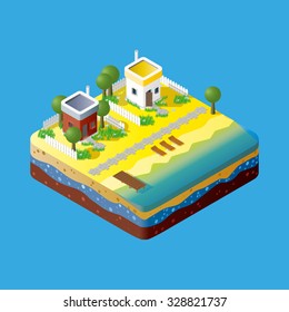 Modern illustration of an Isometric Building on the beach. Isometric city element. 3d buildings icon isolated on blue background.
