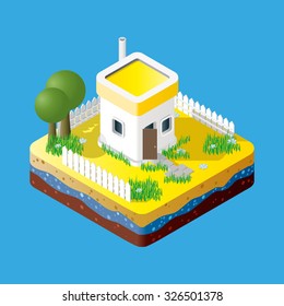 Modern illustration of an Isometric Building in suburb. Isometric city element. 3d buildings icon isolated on blue background. 