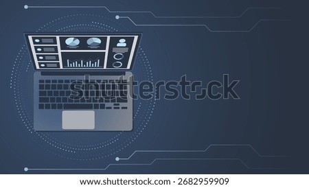 Modern illustration of a laptop displaying analytics dashboard with charts and graphs on a digital background, perfect for business, finance, data, and technology projects