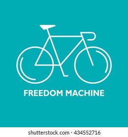 Modern Illustration of linear bicycle. White outline bike and text Freedom Machine isolated on a green background. For use as design element, poster, logo. Cycle made in trendy thin line style vector.