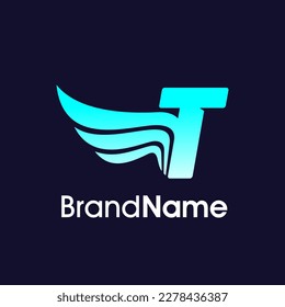 Modern Illustration Logo Design Initial T Wing in Blue Color. The logo can use for any company and work as well in small size.