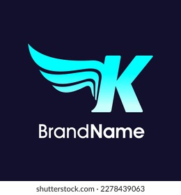 Diseño del logotipo de Ilustración Moderna K Wing inicial en color azul. El logotipo puede utilizarse para cualquier empresa y funcionar también en pequeñas dimensiones.