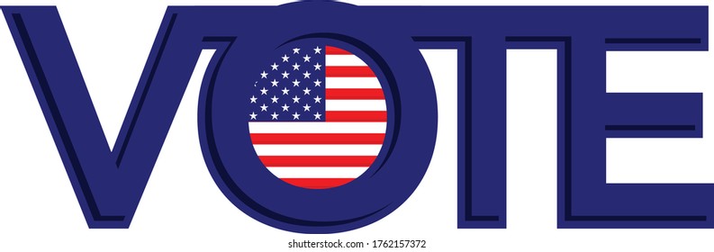 Modern illustration logo of the word vote with American flag in the center of the O. Illustrator 10 eps vector graphic design in red white and blue with stars and stripes. Connected letters